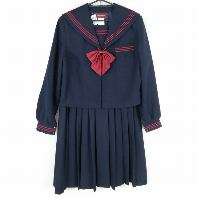 1円 セーラー服 スカート リボン 上下3点セット 175A 大きいサイズ トンボ 冬物 赤3本線 女子 学生服 中学 高校 紺 中古 ランクC EY7077