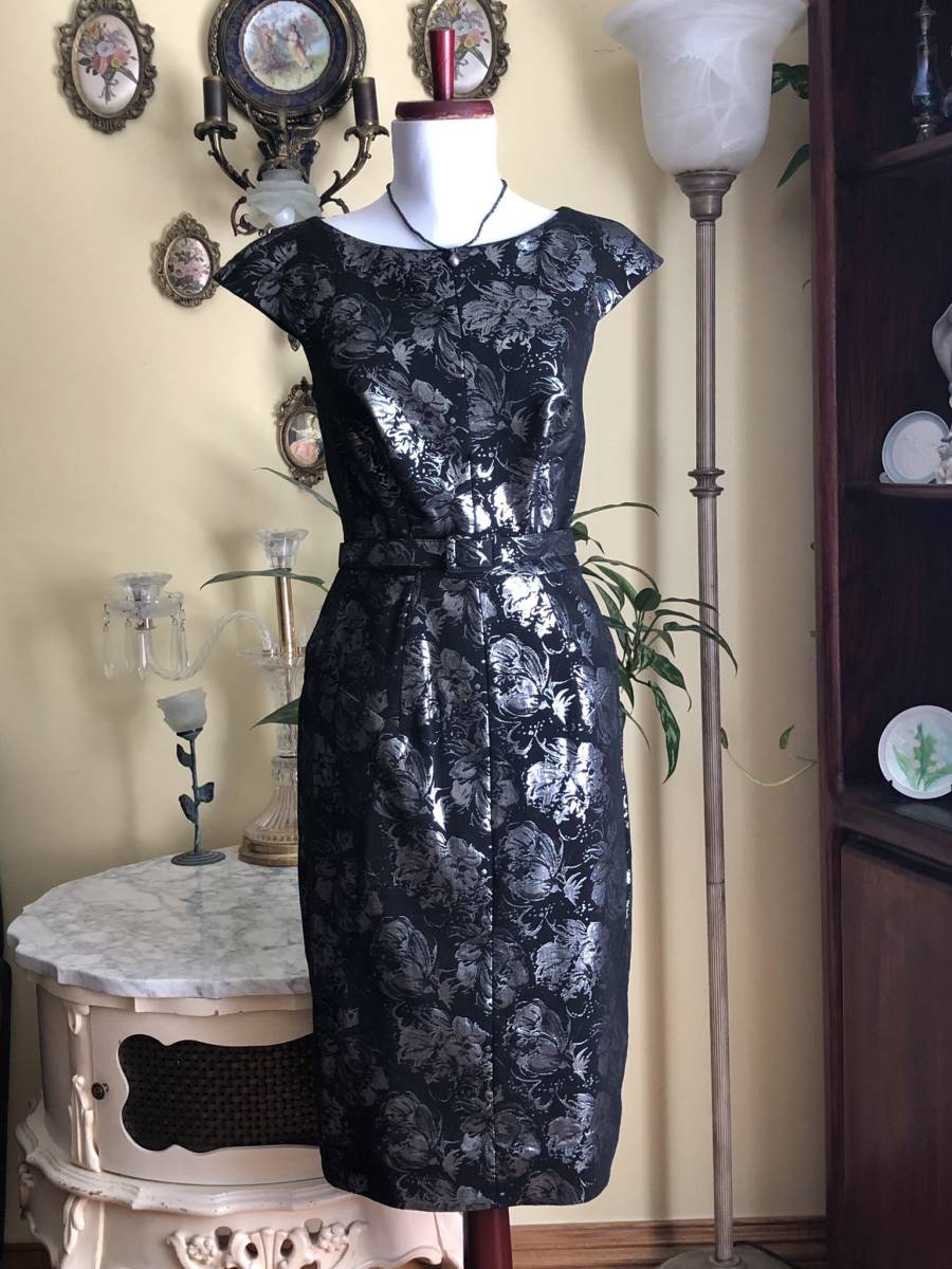 新品【TADASHI SHOJI/タダシショージ】シルバー花織柄/黒ストレッチ