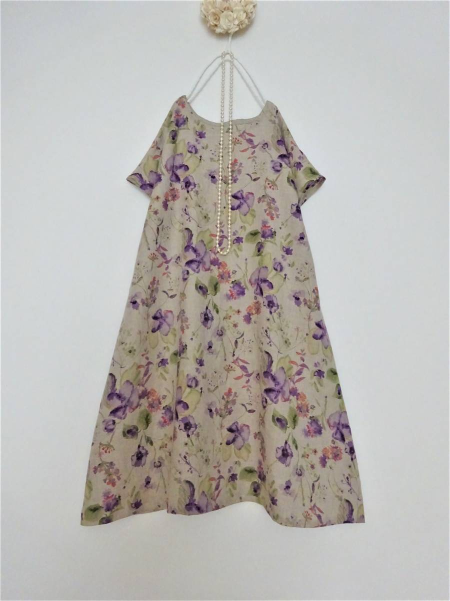 着丈オーダー◆リネン100％の水彩パープルフラワーのAラインワンピース◆麻 花柄 紫 ハンドメイドop フリーサイズ