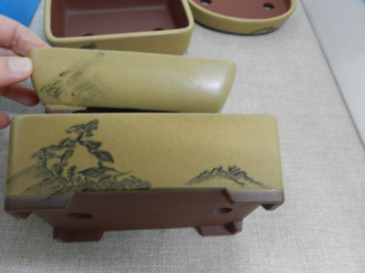 文山窯 黄山水 4.5号 4点 訳あり在庫処分 盆栽鉢/小品/在銘/角/楕円