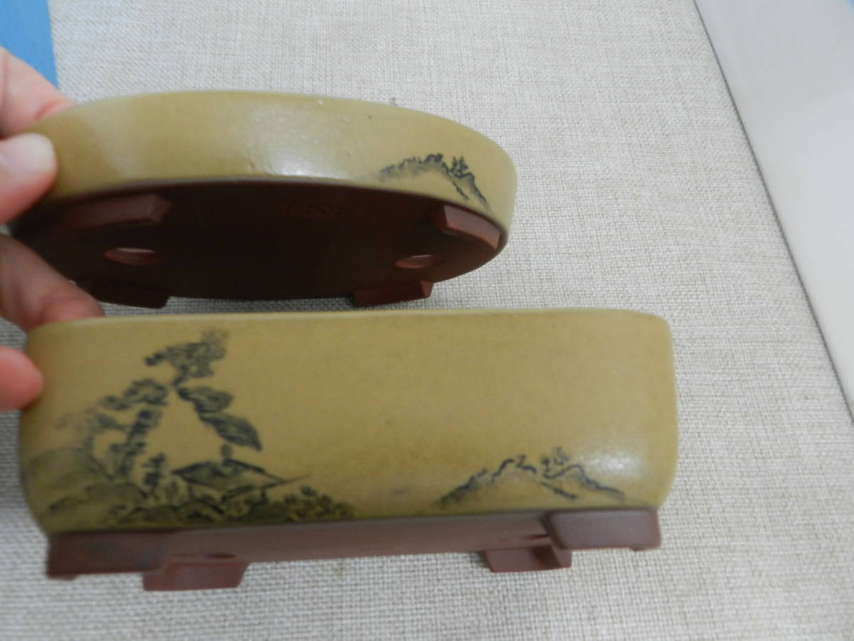 文山窯 黄山水 4.5号 4点 訳あり在庫処分 盆栽鉢/小品/在銘/角/楕円