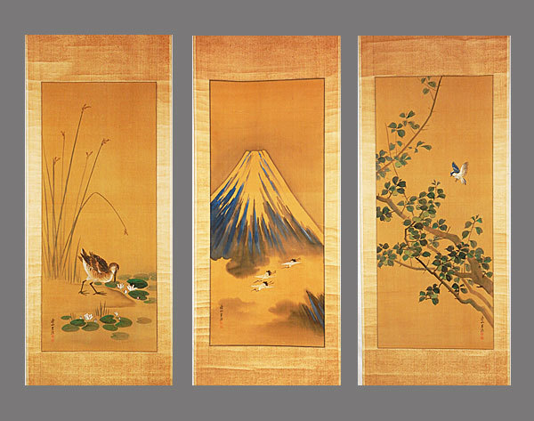 真作】□岸連山□花鳥/不二図三幅対□肉筆□掛軸□掛け軸□日本画