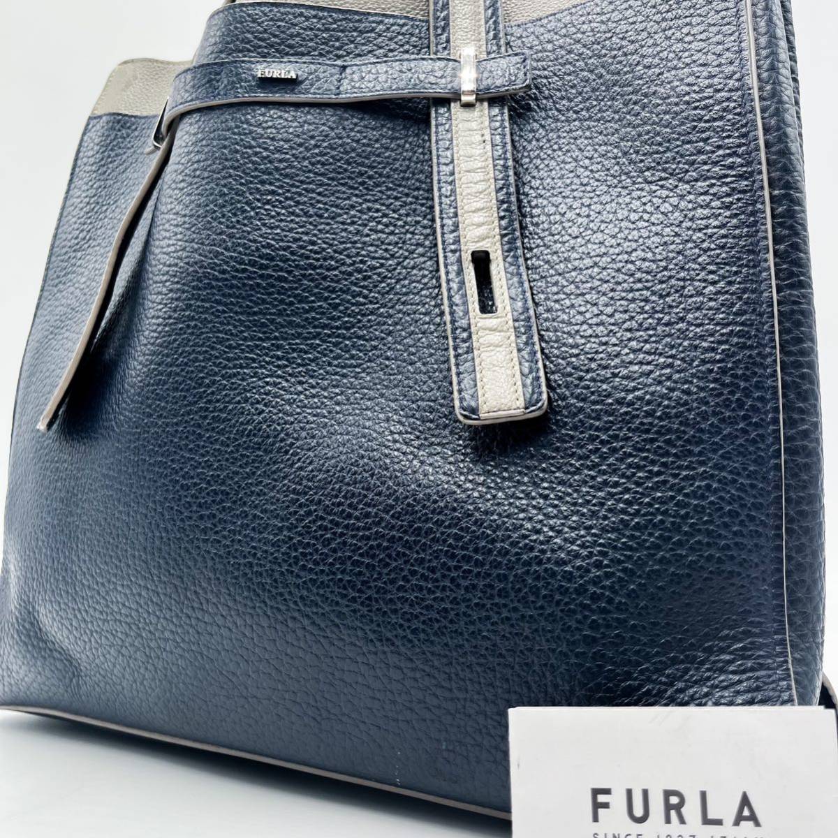 美品✨フルラ ジョーヴェ トートバッグ シボ革 大容量 ブルー グレー ネイビー フルラ（FURLA） ジョーヴェ L カジュアルトートバッグ