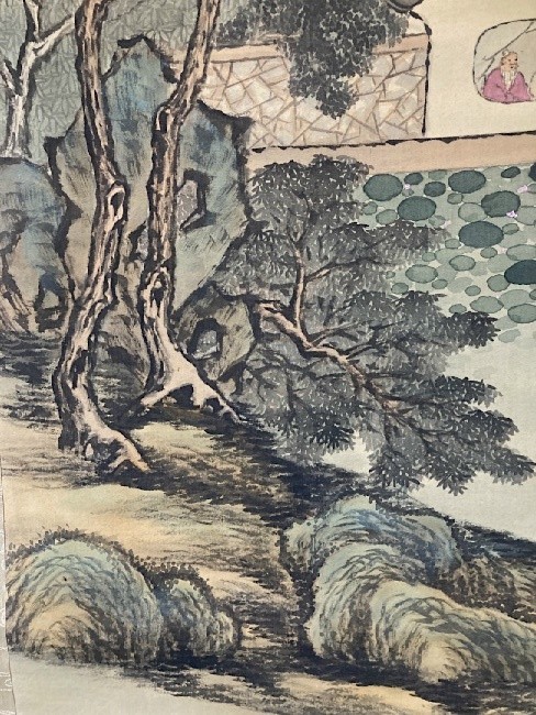 模写】松陽漁人「青緑山水図」絹本箱付 検)南画/文人画墨蹟/書画