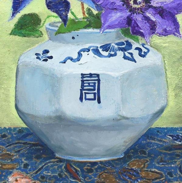 真作】【WISH】田中春弥「李朝壷鉄線花」油彩 6号 ◇古陶に紫花 〇日展