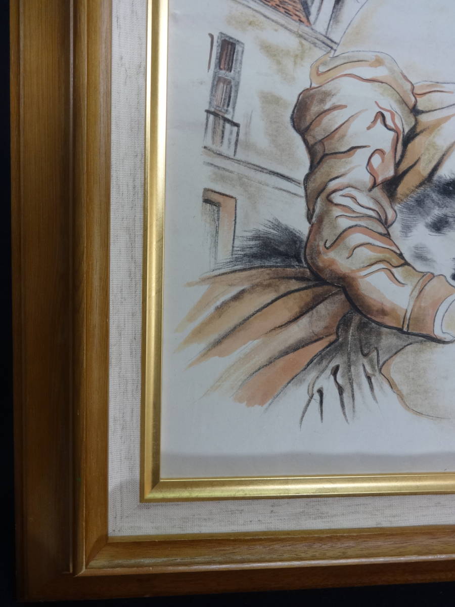 少女と猫の水彩画レオナール藤田 藤田嗣治（レオナール・フジタ）「猫を抱く少女」 作者サインあり 12