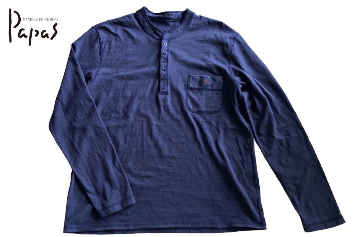 【ウォッシュ加工 ヘンリーネックTシャツ】胸ポケット付ロンT ブルーグレー系カラー Papas パパス