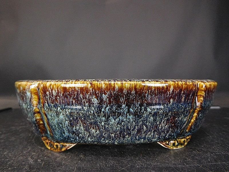 【盆栽 樂屋】◆相羽鴻陽 海鼠釉中帯隅入雲足楕円鉢 A8 (人気釉薬作家)(小品・貴風盆栽鉢)(大きめ)(未使用品)◆4/25