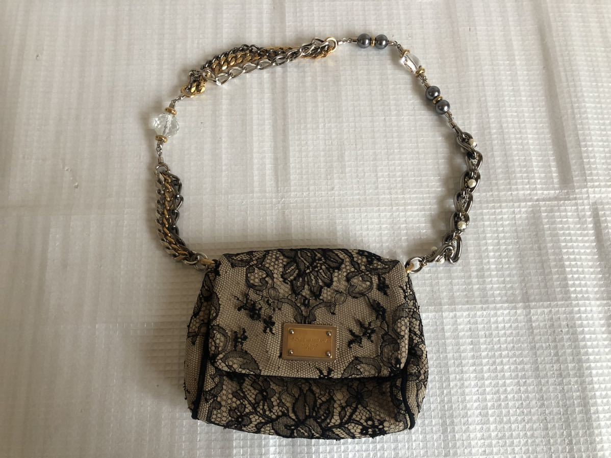 DOLCE&GABBANA MILANO ミニバッグ ハンドバッグ レディース ベージュ× ブラック チェーン レース 中古品 傷・汚れ・劣化・型崩れあり