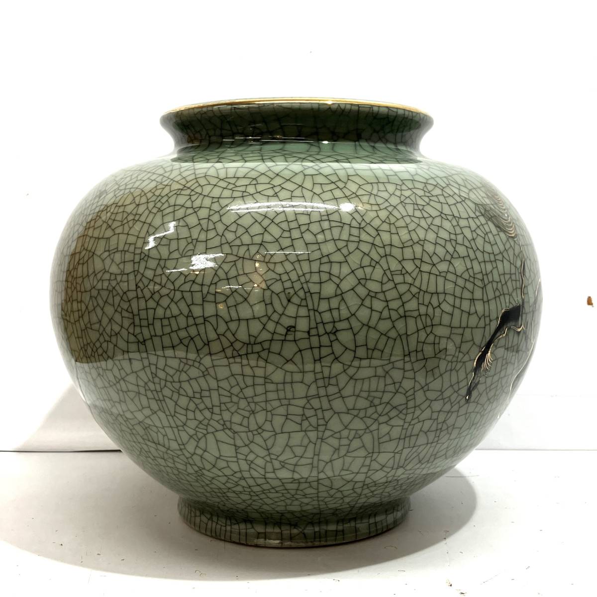 大堀相馬焼】大型 花瓶 花器 花入 壷 金彩 駒絵 走り馬 左馬 跳ね馬 青 