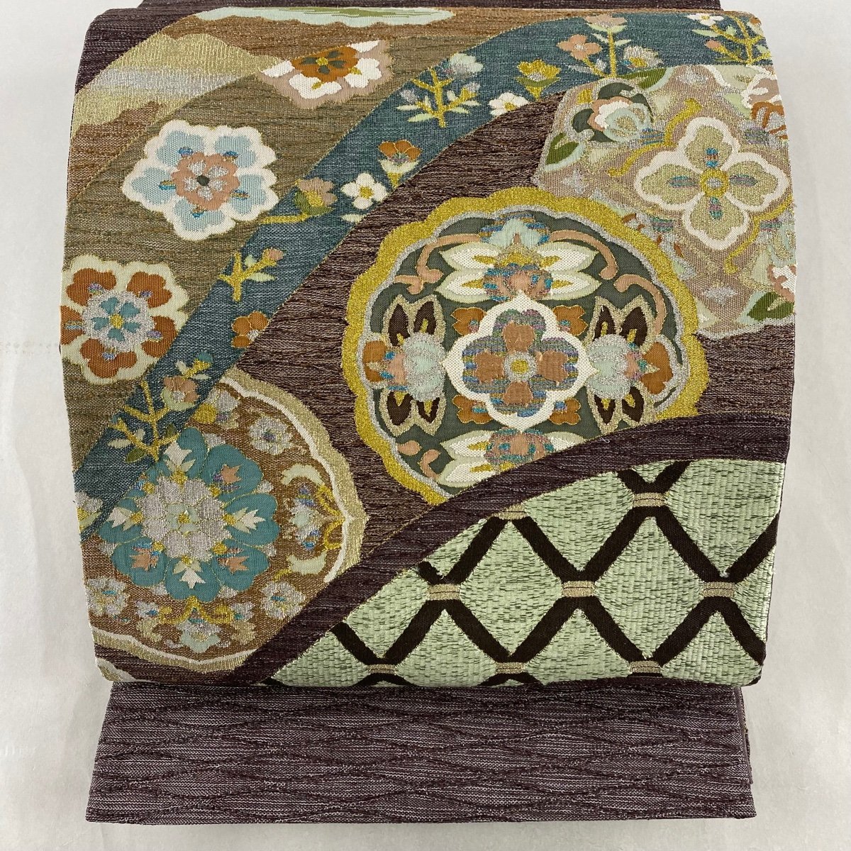 袋帯 名品 花文 雲文 金銀糸 茶紫 お太鼓柄 正絹 【中古】