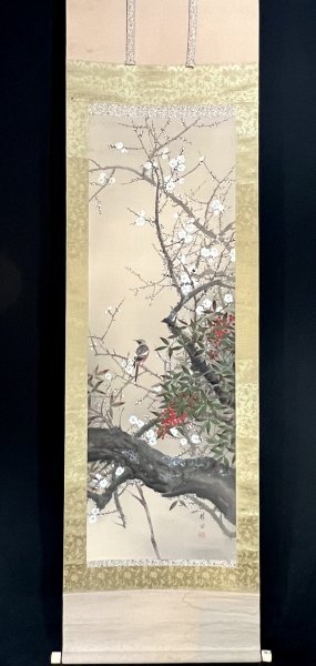 模写】楳畝『早春 白梅小禽図』掛軸 絹本 肉筆 花鳥図 鳥獣 梅 小鳥 共