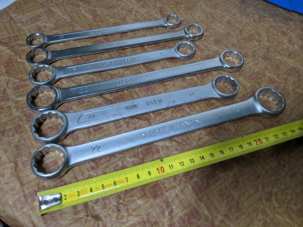 2/2●BU3589 未使用 メガネレンチ ストレート USAG 255/255N(マット仕上)混在 サイズ14×15，16×17，17×19，20×22，21×23，22×24