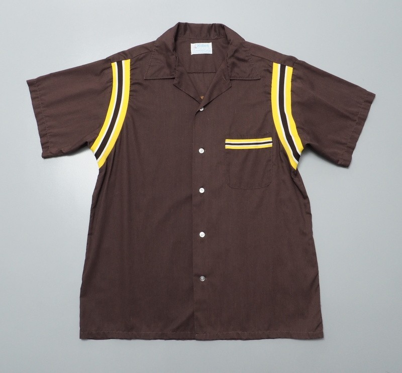 TF7709◇70s ヴィンテージ*USA製*HILTON/ヒルトン*青タグ*メンズL バックプリント 半袖 ボウリングシャツ ブラウン系 PERMANENT PRESS