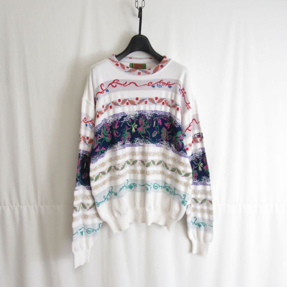 90s OLD KENZO コットン ニット セーター デザイン プルオーバー ヴィンテージ ケンゾー レトロ柄 Sサイズ ユニセックス 綿 長袖 モード