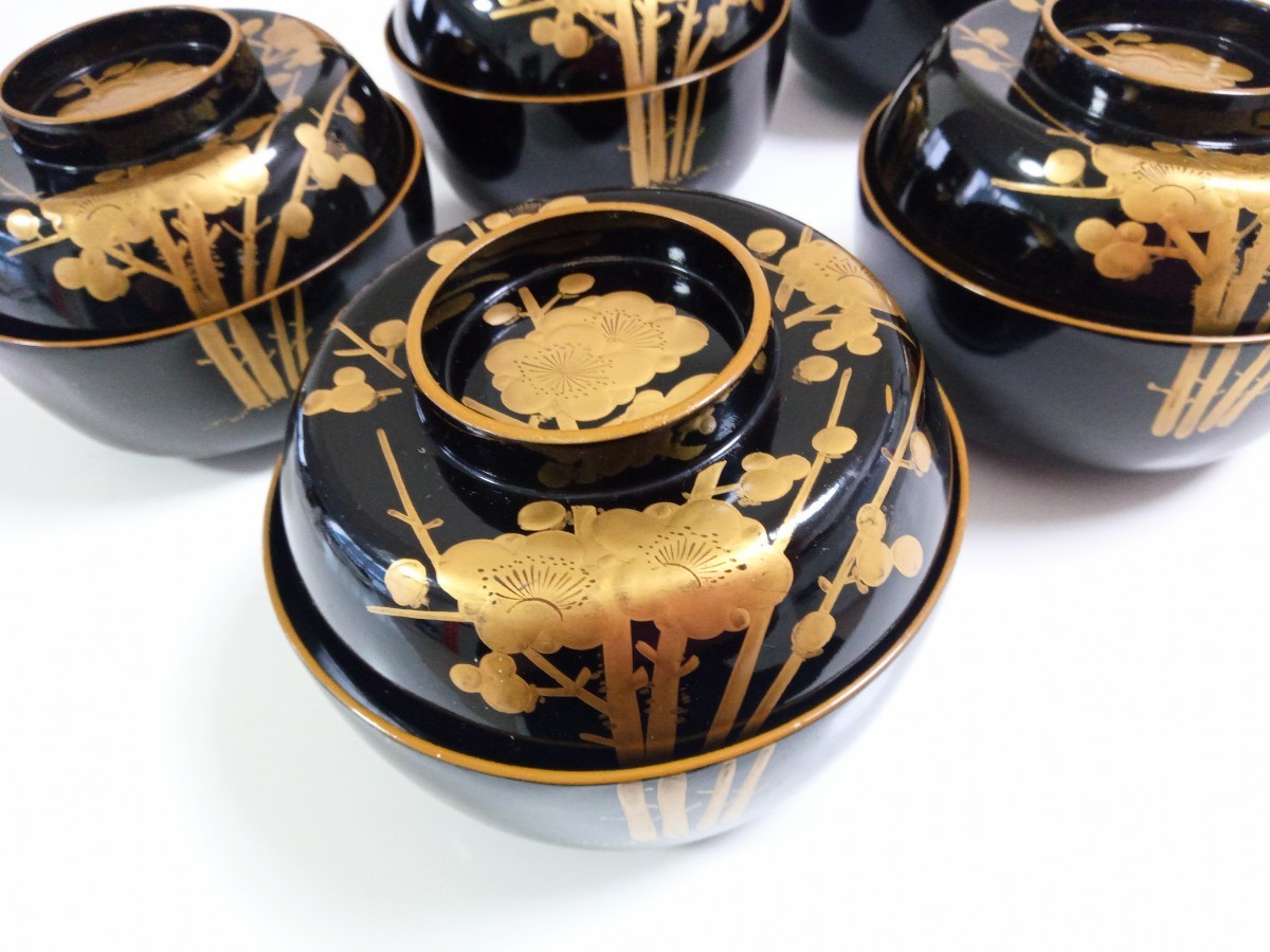 昭和レトロ:輪島塗黒色漆器 金色装飾 　椀10客　骨董　アンティークコレクション ☆輪島塗☆蒔絵☆お椀☆5点☆黒漆塗☆漆器☆お吸い物☆和骨董☆和食器