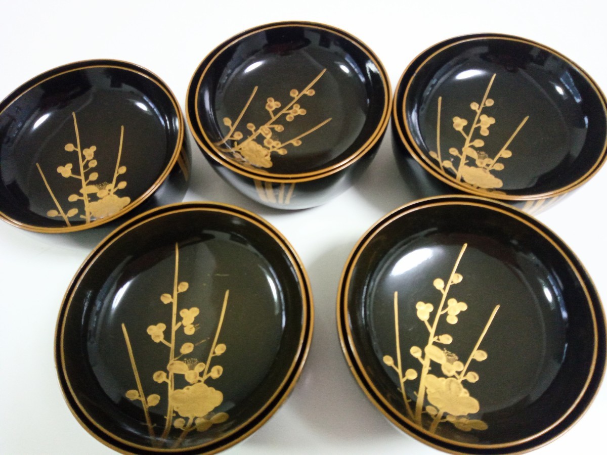 昭和レトロ:輪島塗黒色漆器 金色装飾 　椀10客　骨董　アンティークコレクション ☆輪島塗☆蒔絵☆お椀☆5点☆黒漆塗☆漆器☆お吸い物☆和骨董☆和食器