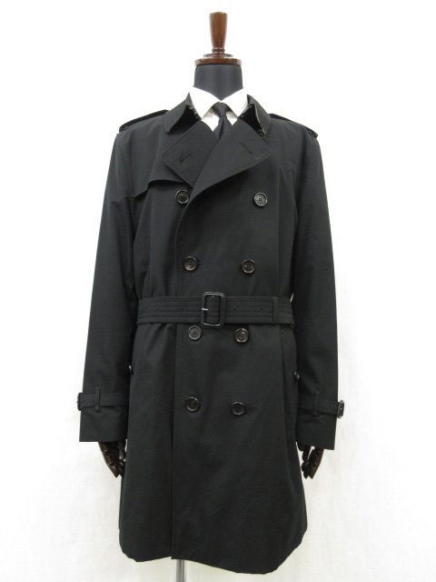 超美品【バーバリー BURBERRY】英国製 THE KENSINGTON 裏地BBチェック ベルト付きトレンチコート (メンズ) size58SF ブラック◎17HR2582◎