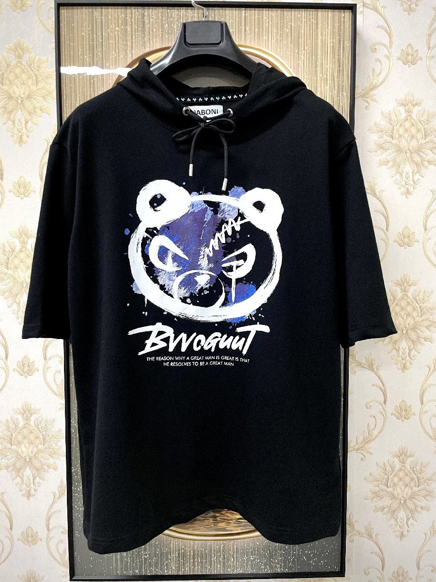 2022 春夏 新作◆UABONI*Paris*ユアボニ*半袖パーカー*EU製*フランス*パリ発◆コットン 薄手 トレーナー クマ 油絵 落書き フード付きXL/50