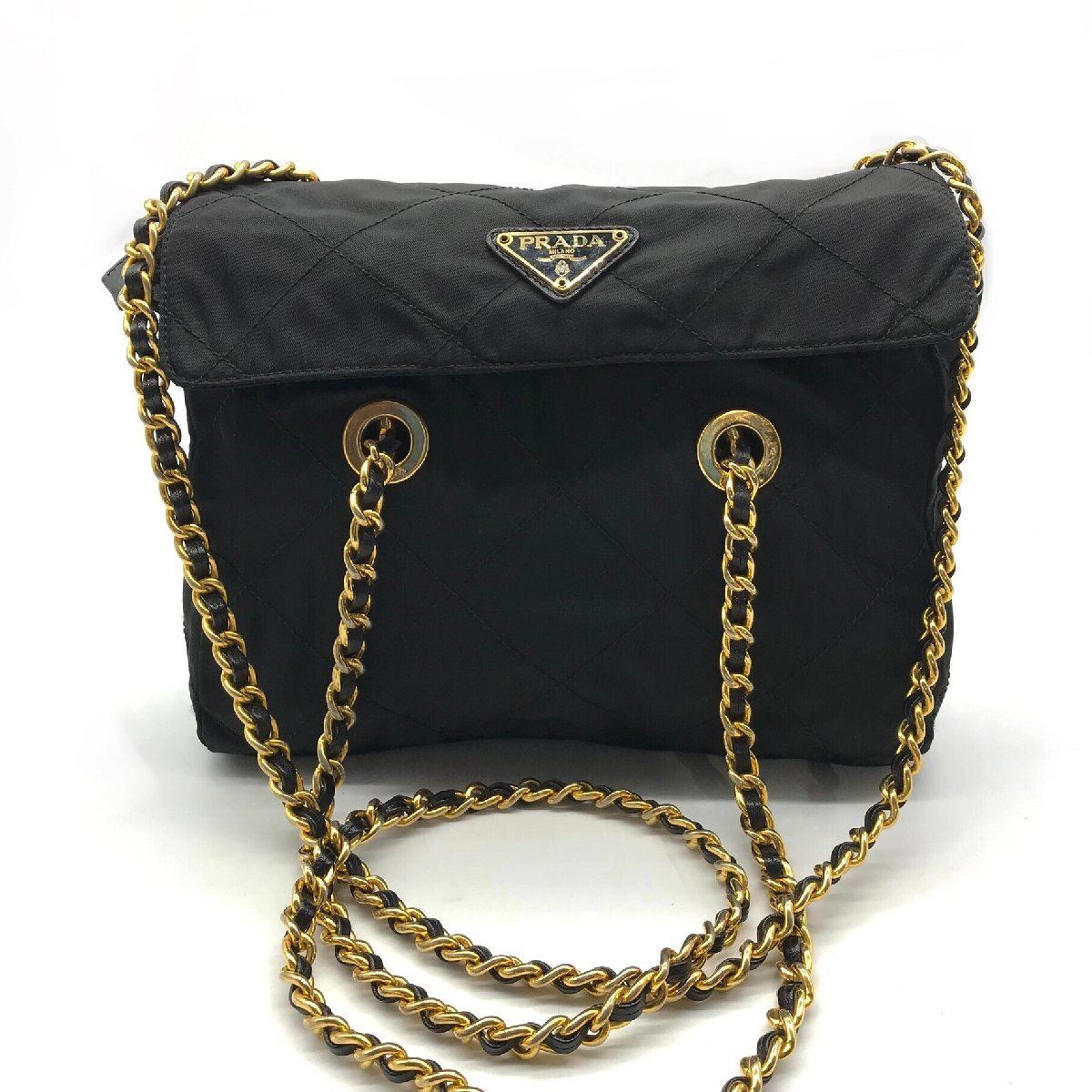 1円 良品 PRADA プラダ ナイロン ロゴプレート チェーン トート 