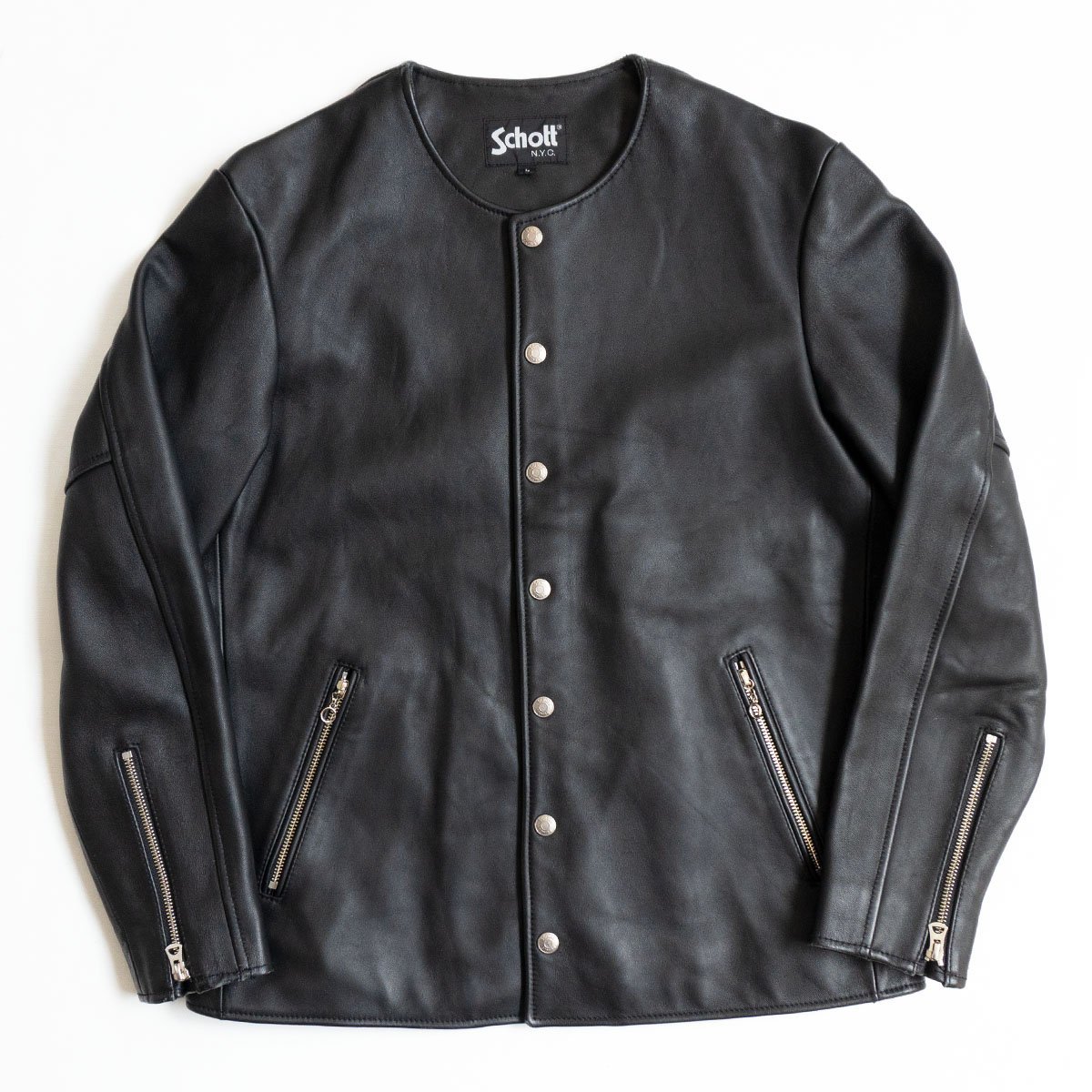 【EDIFICE別注】SCHOTT【ノーカラー レザー ジャケット】L カーディガン ショット y2305093