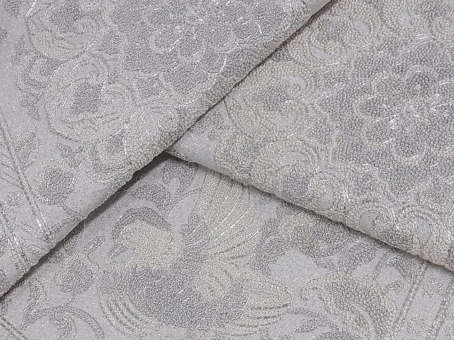 着物屋こころ□太鼓柄袋帯 中国三大刺繍 相良刺繍 花鳥文 銀通し地