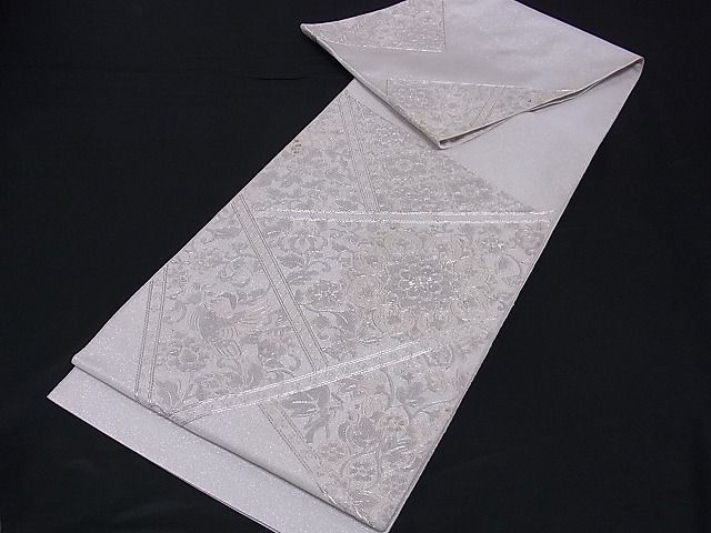 着物屋こころ□太鼓柄袋帯 中国三大刺繍 相良刺繍 花鳥文 銀通し地