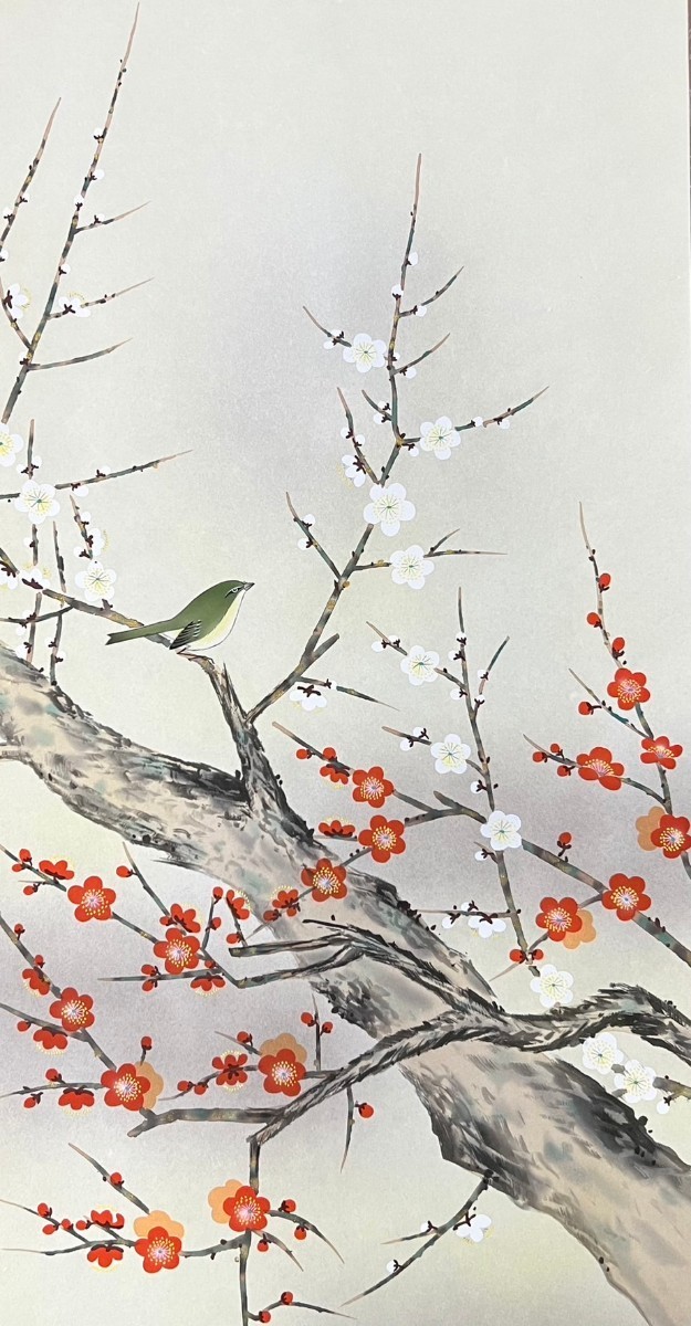 真作】高木春石『梅に鶯』掛軸 絹本 鳥獣 花鳥図 日本画(花鳥、鳥獣
