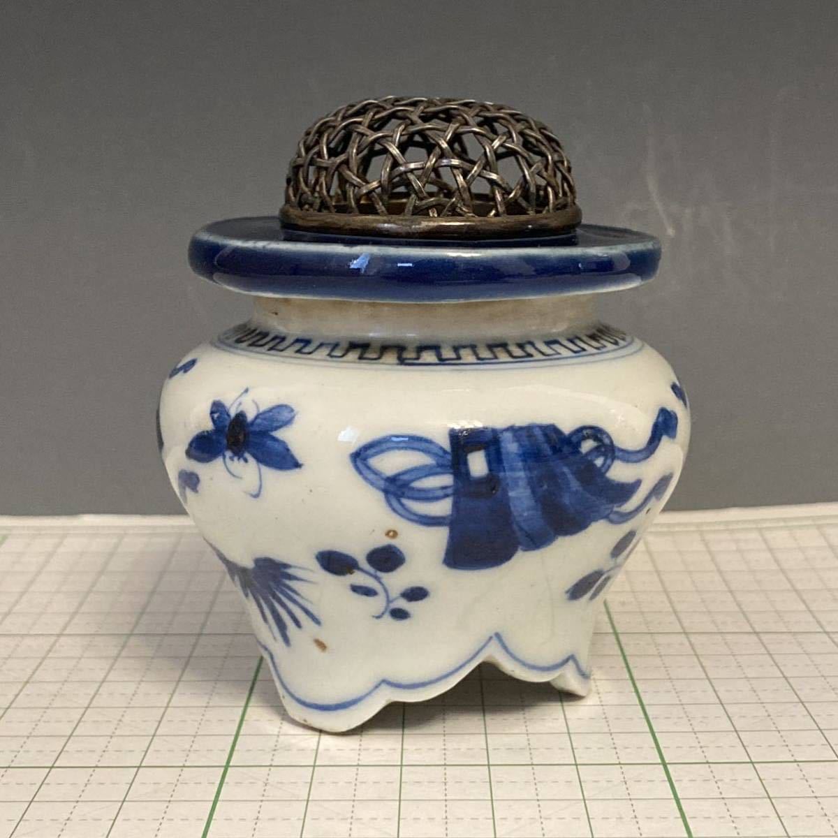 純銀火舎 香炉(扇子絵、蜂、祝結び紐、等） 籠目文純銀火舎（約17g）香 