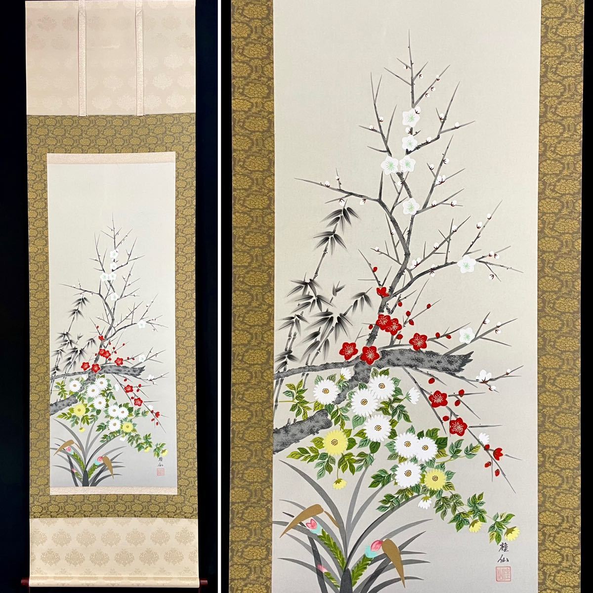 真作］桂仙「四君子」絹本 肉筆 花鳥図 日本画 蘭 竹 菊 梅 掛軸(花鳥