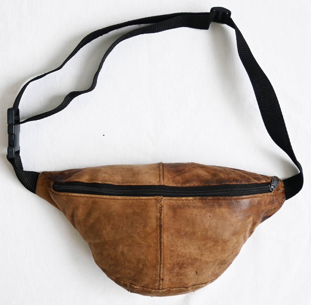 即決【80'sヴィンテージ/アメリカ製】レザー ウエストバッグ/タン/表皮/2箇所にジップポケット/激レア/雰囲気抜群/一点物/MADE IN USA