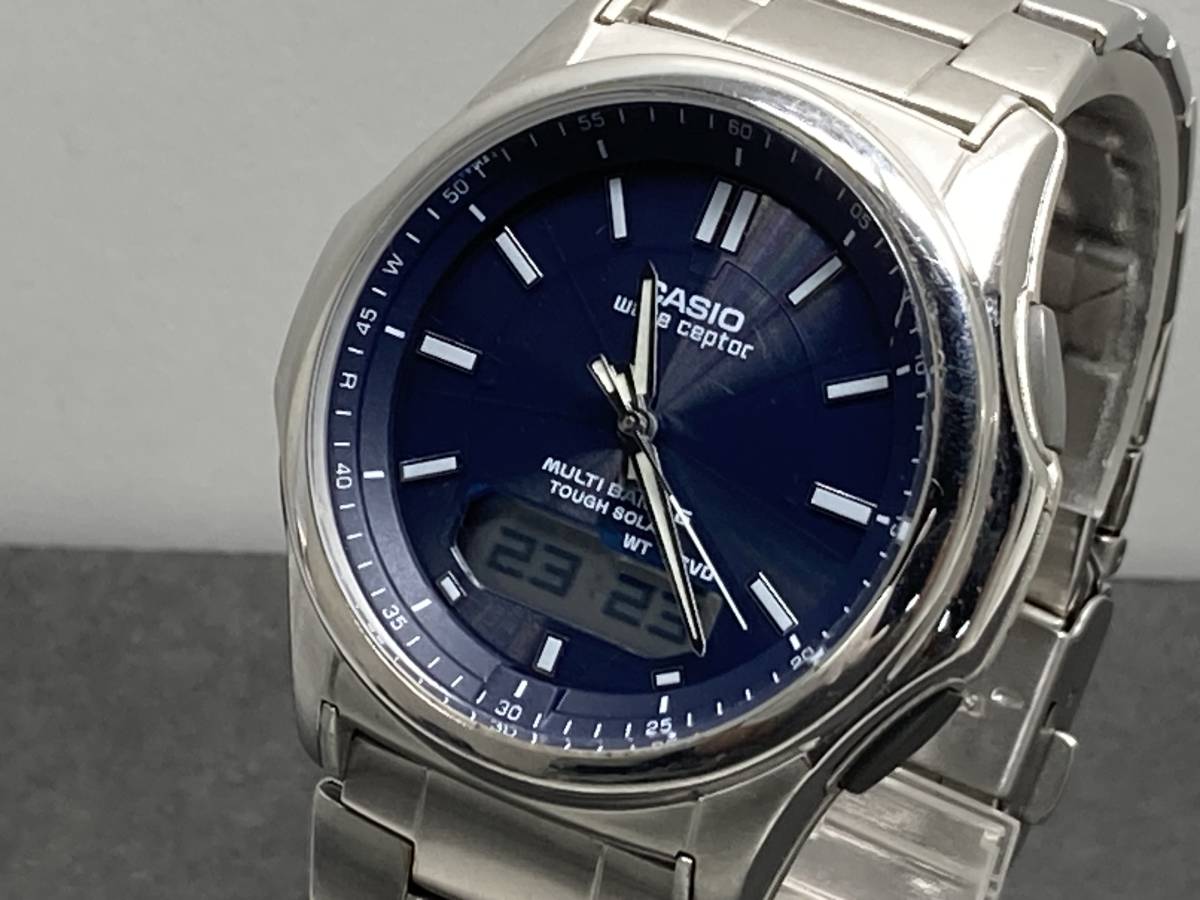1円～稼働品 ソーラー電波 CASIO/カシオ ウェーブセプター ネイビー字 
