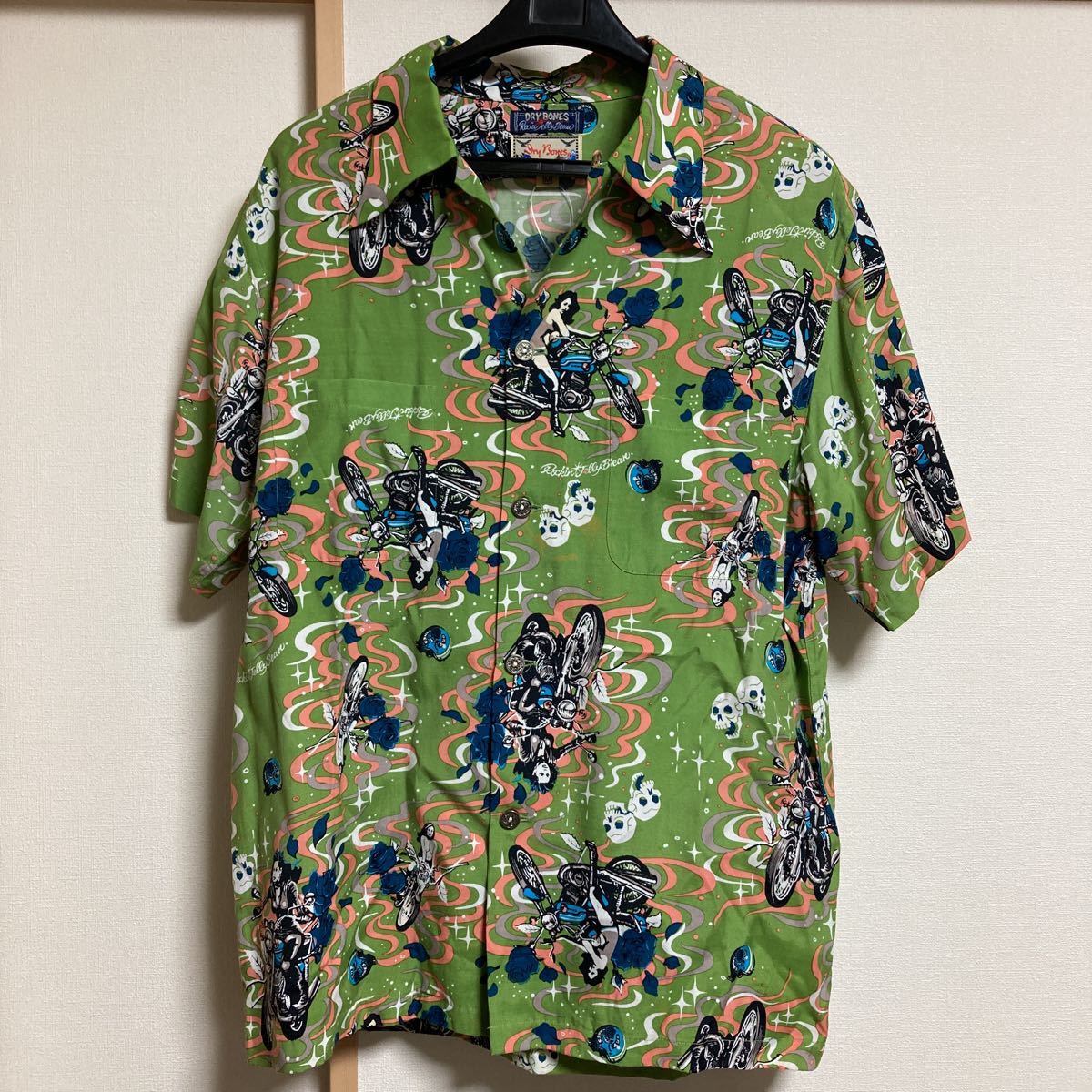 【極美品】DRY BONES×Rockin'Jelly Bean ドライボーンズ×ロッキンジェリービーン BIKER GIRL アロハシャツ グリーン Mサイズ メンズ 総柄