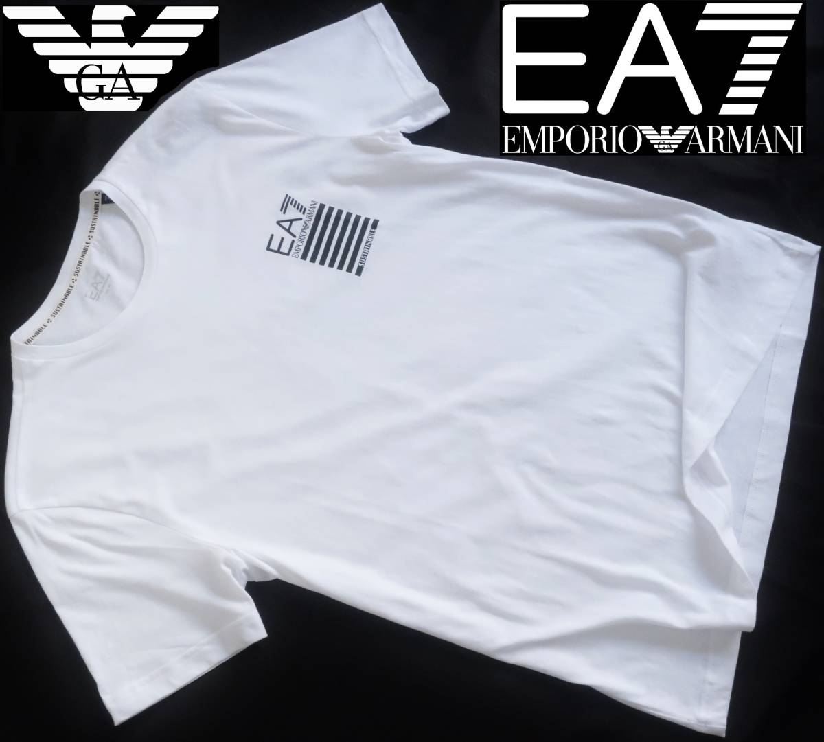 新品★EA7★エンポリオ アルマーニ★大きいサイズ★ホワイト Tシャツ★ブラック 7ライン ロゴ★白 XXL★EMPORIO ARMANI★186