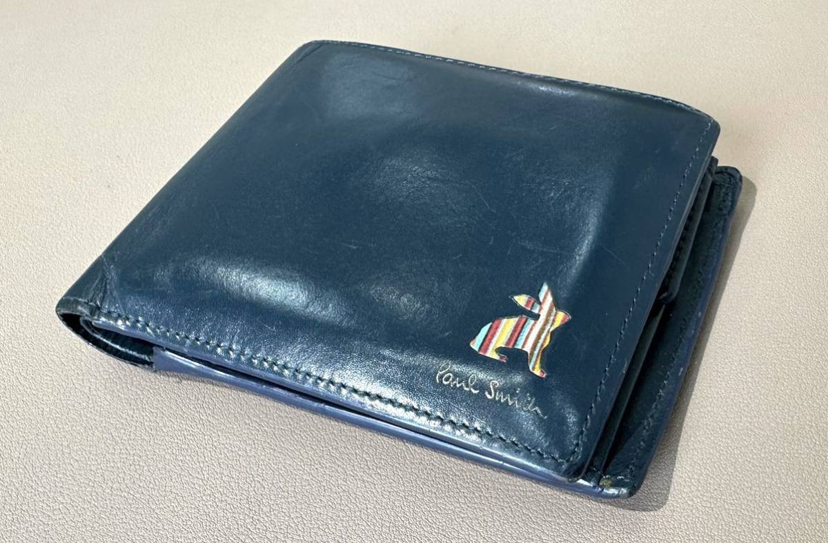 【1583】Paul Smith ポールスミス 二つ折り財布 マーケストリーストライプラビット ネイビー 中古