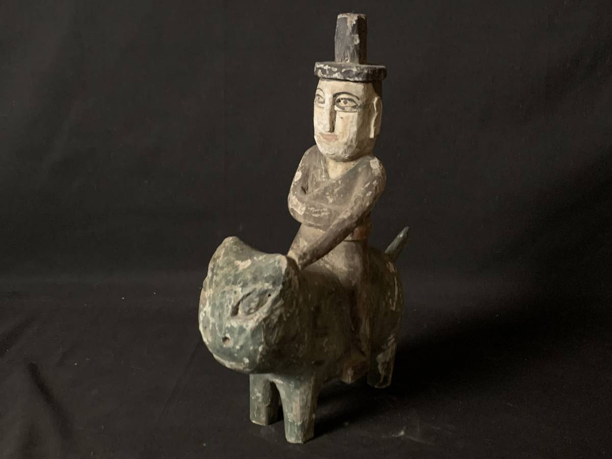 李朝 木彫 彩色 馬上人物 木偶 人形置物 朝鮮美術 木工民芸 89s876(李