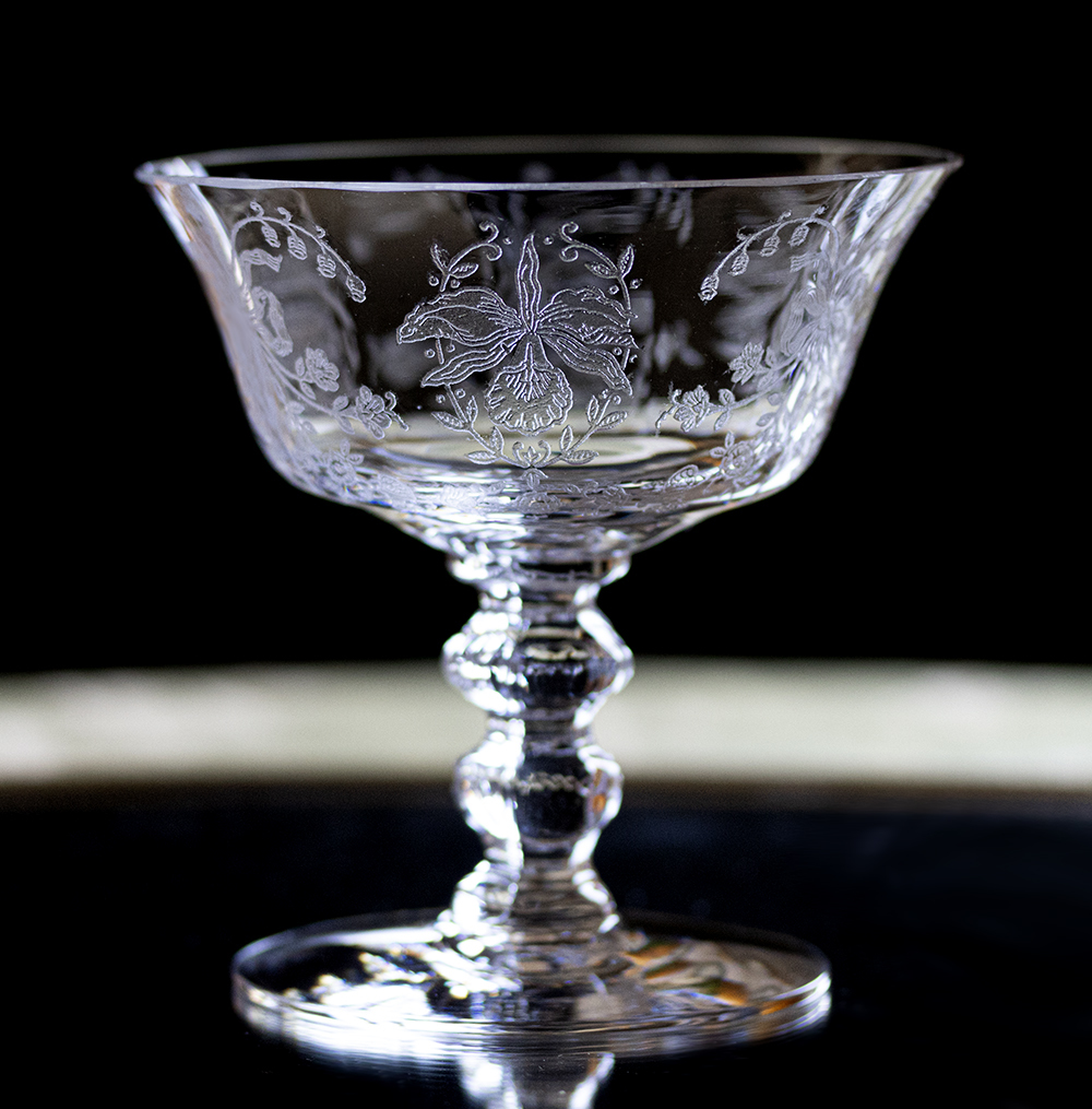 1940年～ ヘイシー グラス オーキッド 蘭 エッチング クリスタル シャンパン カクテル グラス 酒 フラワー ラン 花 アンティーク