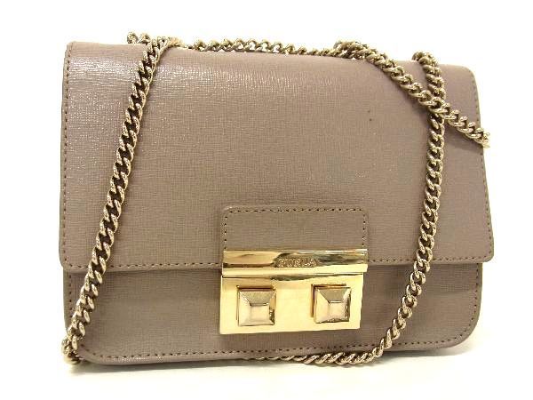 1円 ■美品■ FURLA フルラ ベラ レザー チェーン クロスボディ ショルダーバッグ 斜め掛けかばん 肩掛け レディース グレー系 AM4625