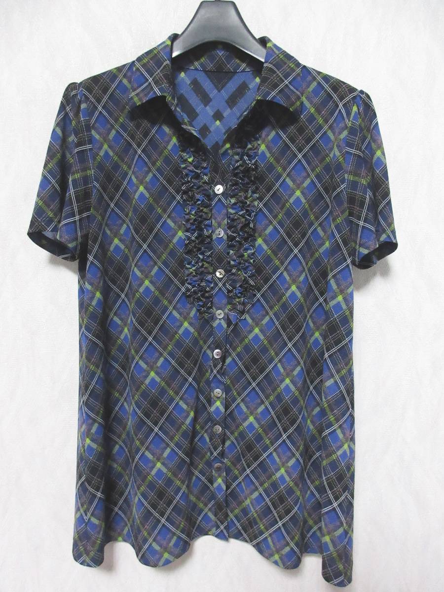 Leilian レリアン シャツ フリル 半袖 チェック柄 レディース 11 紺系 黄緑 ピンク　irmri yg4150