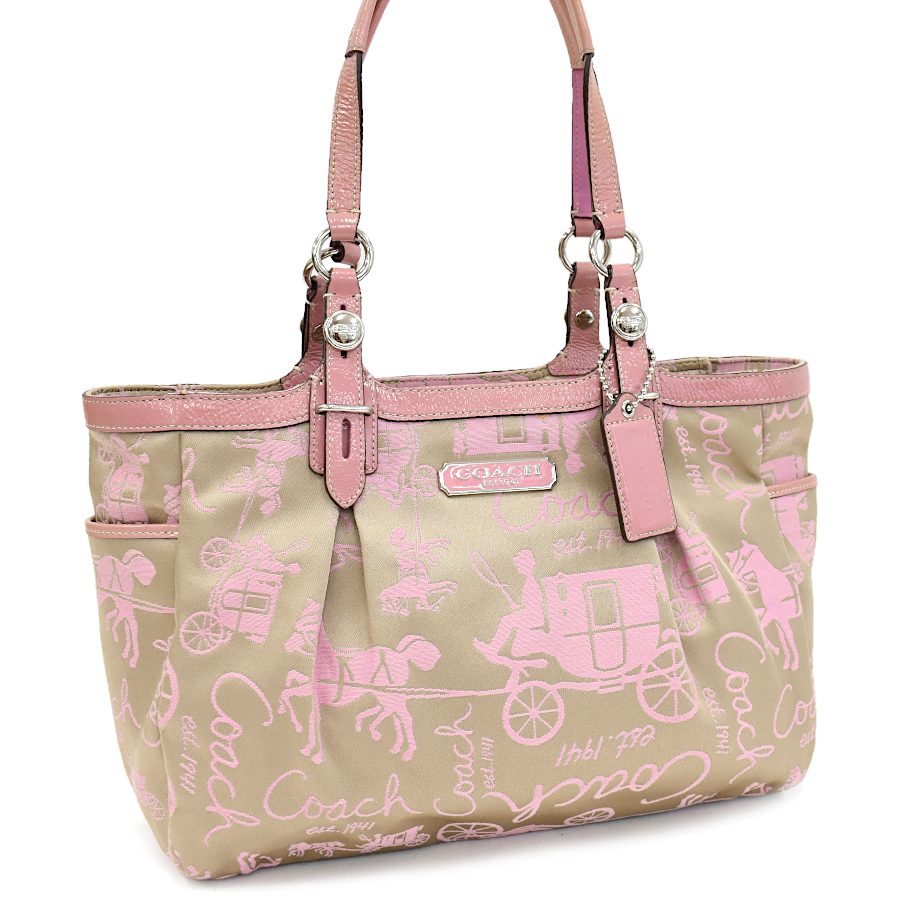 コーチ ギャラリー ホースアンドキャリッジ イーストウエスト トート ショルダーバッグ F15144 ベージュ×ピンク COACH