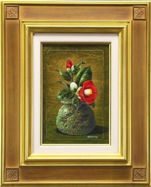 真作】【WISH】増本憲樹「信楽の椿」油彩 SM ◇古陶に花 〇リアリズム