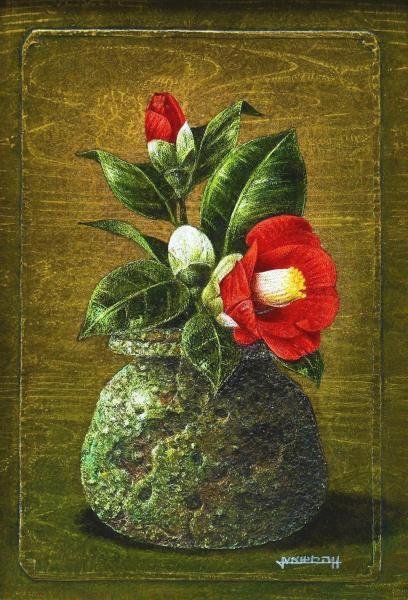 真作】【WISH】増本憲樹「信楽の椿」油彩 SM ◇古陶に花 〇リアリズム