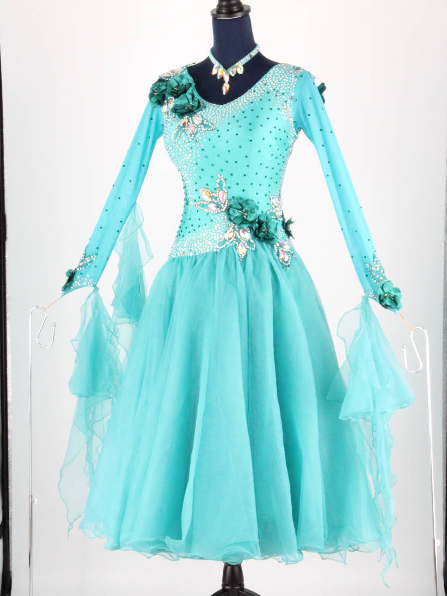 『送料無料』【社交ダンス衣装】豪華ラインストーン×エメラルドブルー ドレス チョーカー セット スタンダード モダン ワンピース 