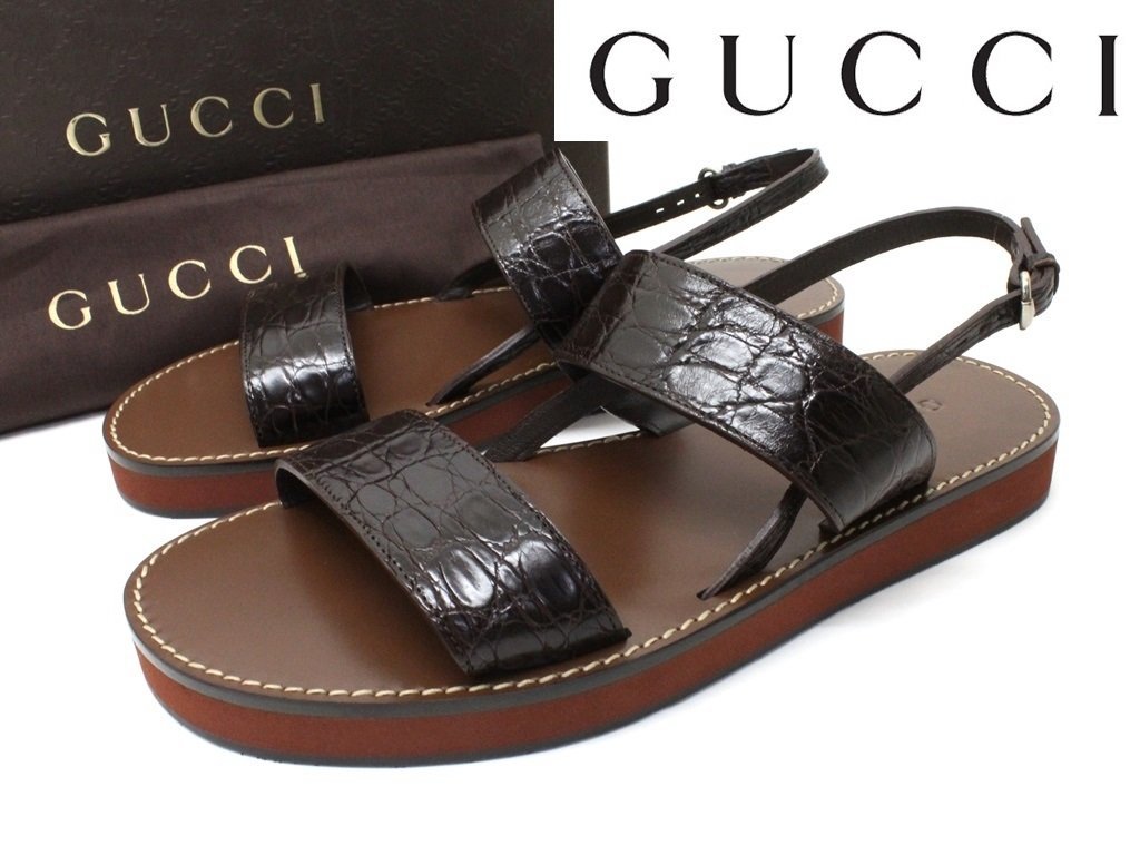 19万新品◆7H=25.5cm◆GUCCIグッチカイマンワニ革レザーサンダル 1円