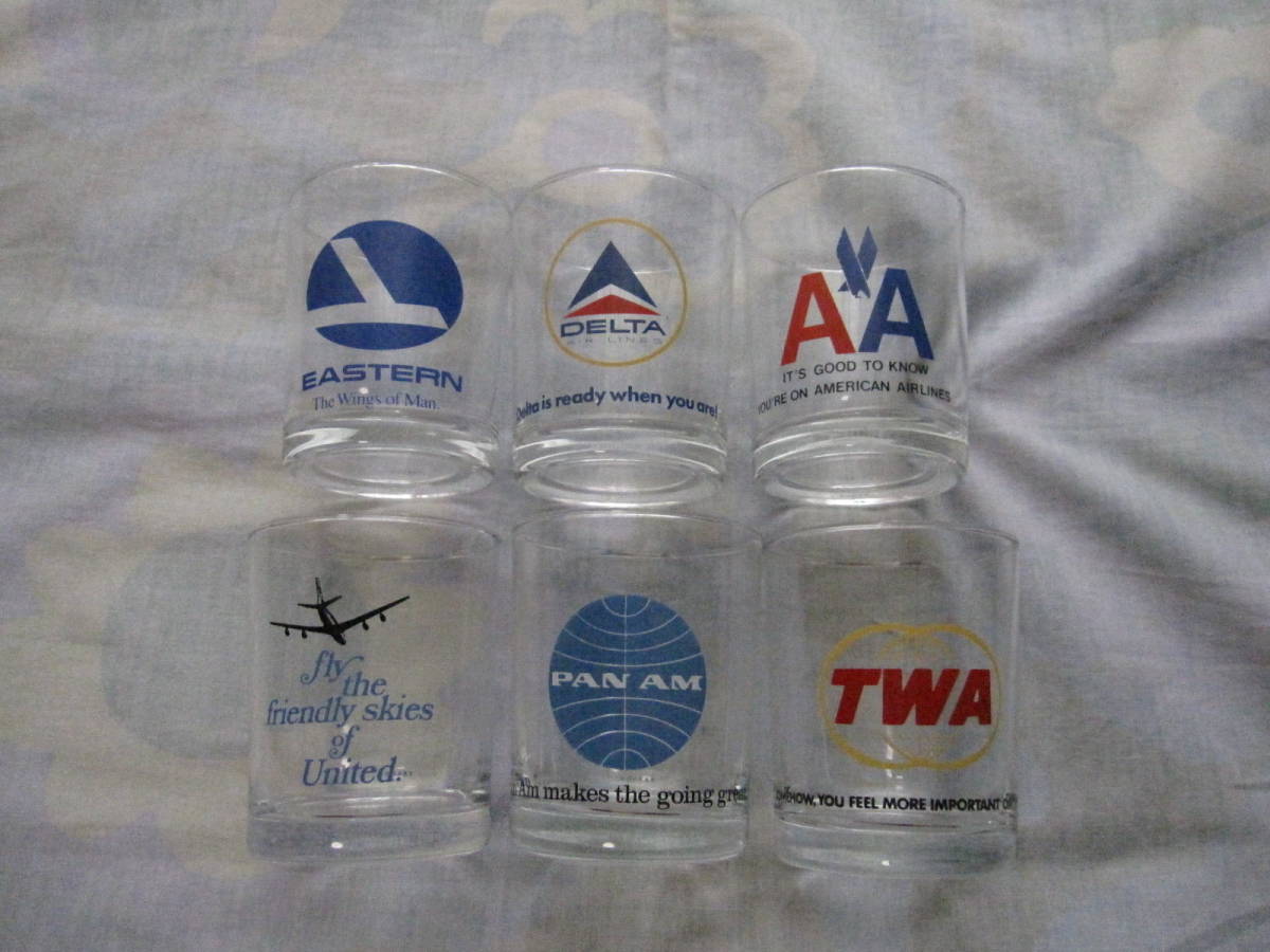 USA購入 デッドストック エアライン ビンテージ 航空会社 グラス6個セット PANAM TWA DELTA UNITED AMERICAN EASTERN フランス製 飛行機