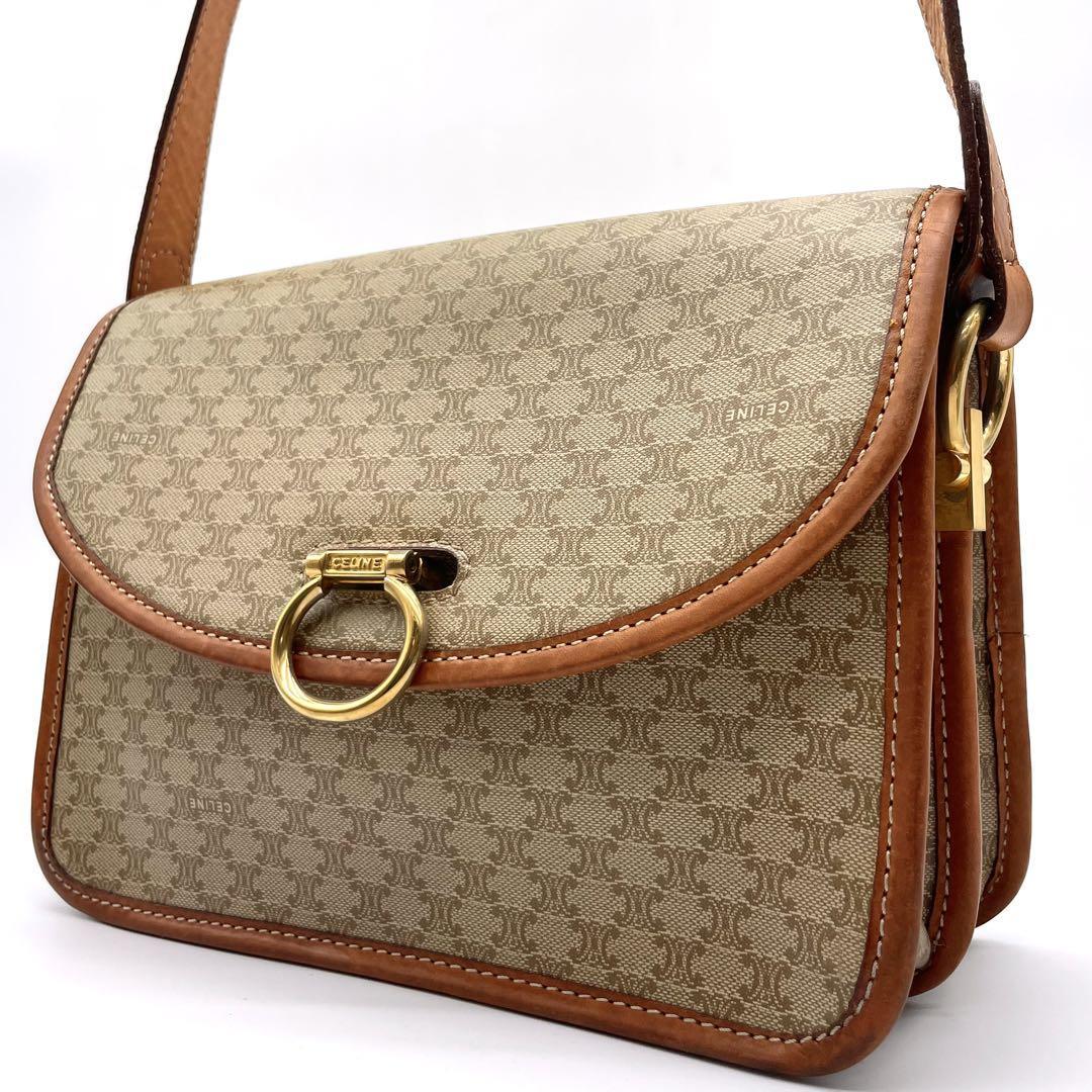 《極美品》CELINE セリーヌ ショルダーバッグ 斜め掛け ガンチーニ金具 白マカダム 総柄 フラップ PVC レザー ベージュ ブラウン