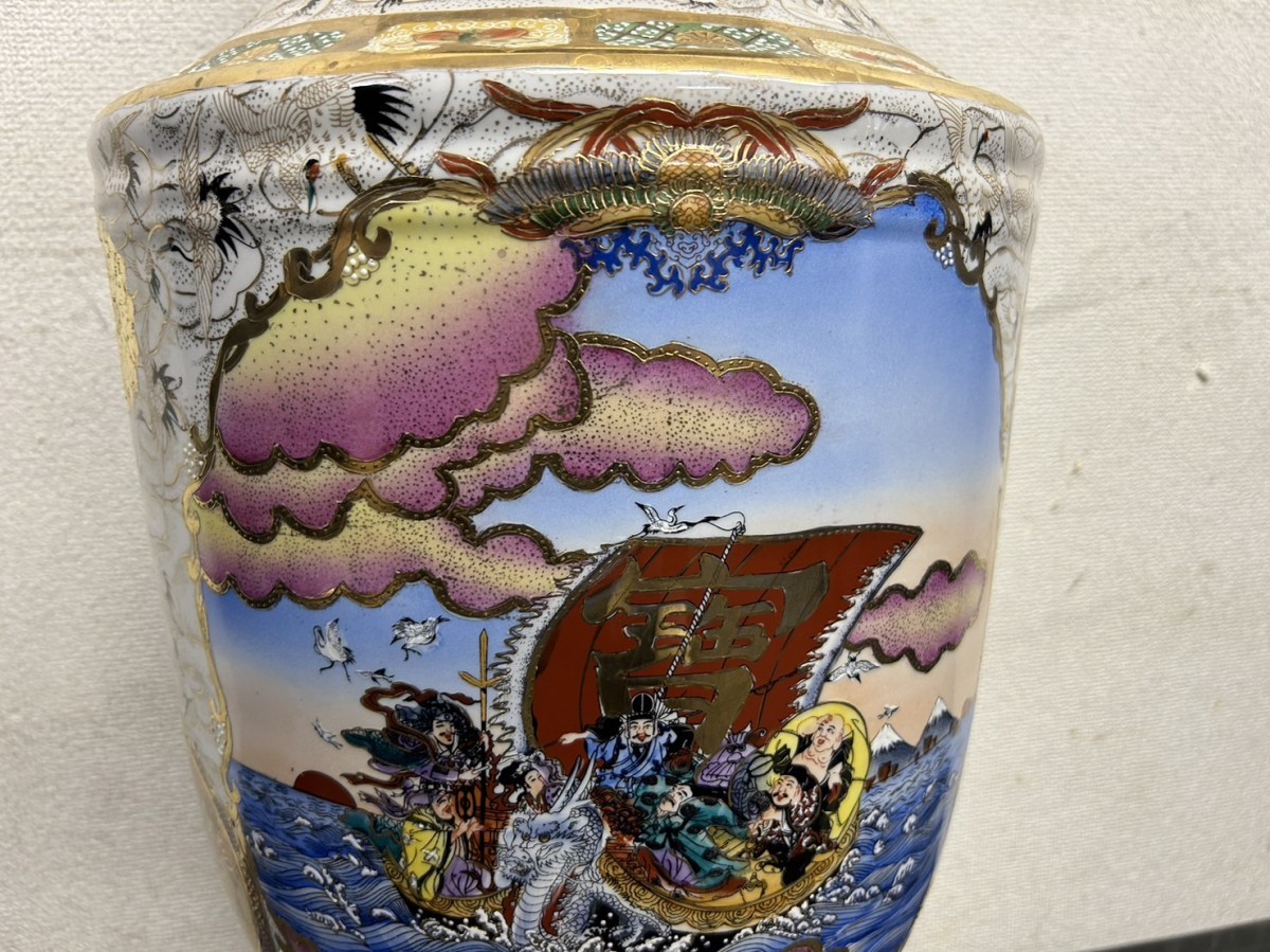 壺 花瓶 - 九谷焼 Yahoo!オークション 薩摩焼 七福神鶴図柄 金欄手
