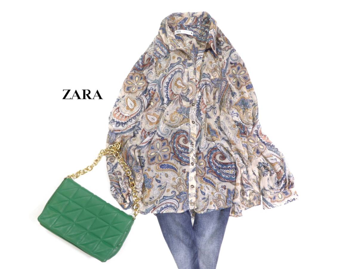 ザラ ZARA 大人可愛い ペイズリー 総柄 ラメストライプ シアーシャツ 