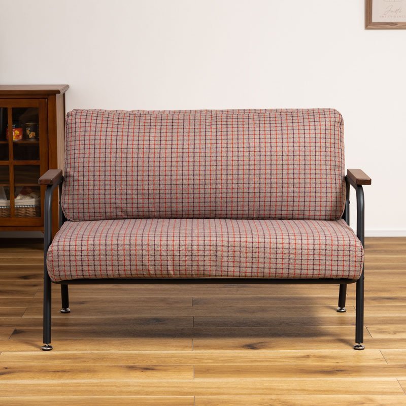 ソファ 2人掛け ソファー レトロ チェック ヴィンテージ ポケットコイル コンパクト 二人掛け アイアンフレーム グレー