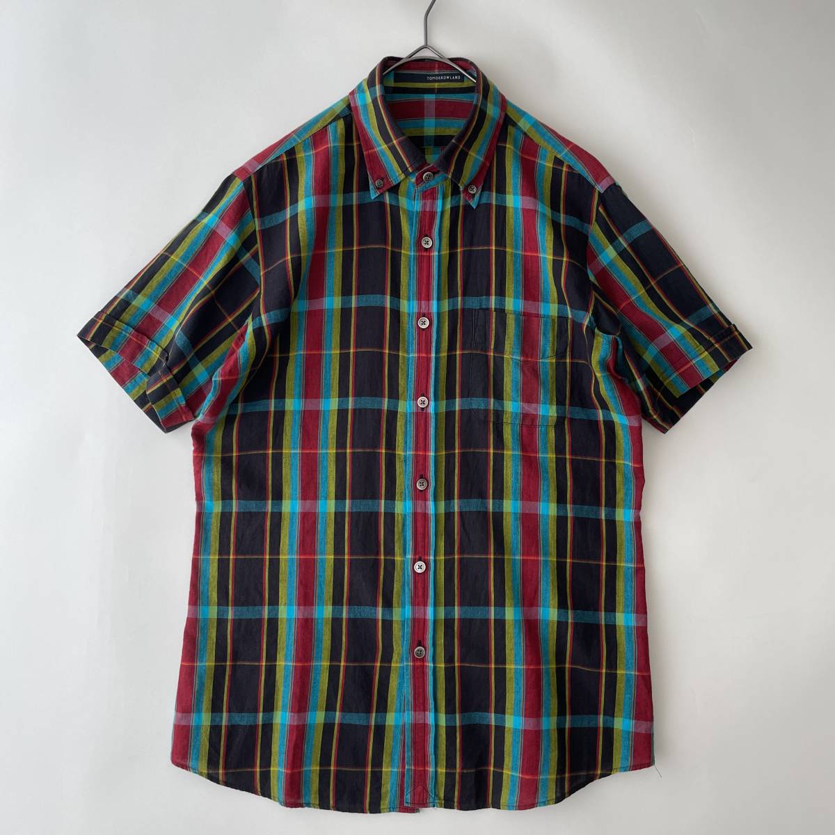 【美品/日本製】TOMORROWLAND size/M (e) 薄手 トゥモローランド ボタンダウン 半袖シャツ チェック JAPAN BD shirt s/s